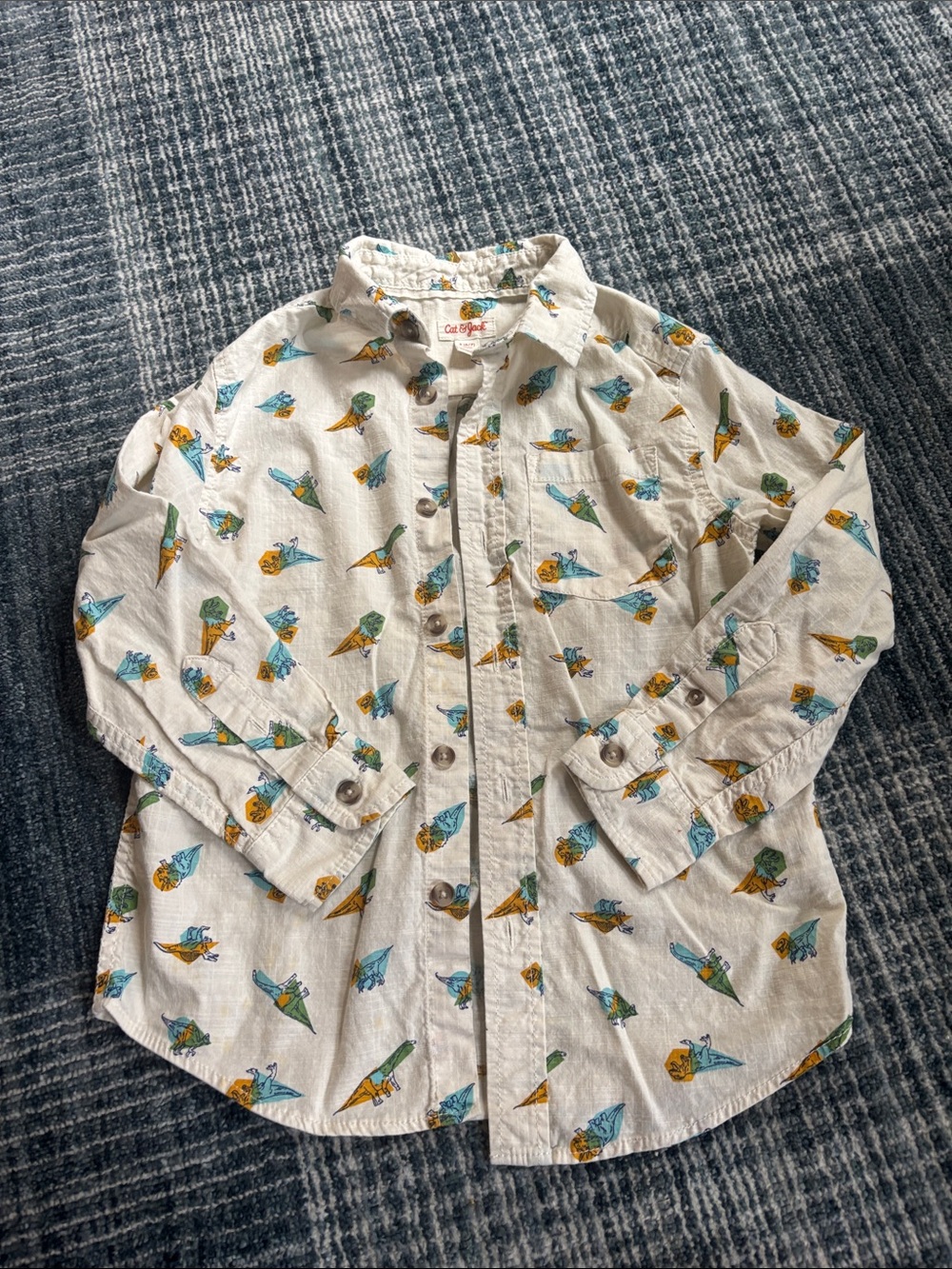 Cat & Jack Small Cream Button-Up Shirt with Teal, Mustard & Green Dino Print